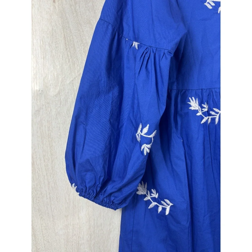 Royal Blue Embroidered Smock Dress M Boho Cottagecore Floral Lantern Sleeve Midi